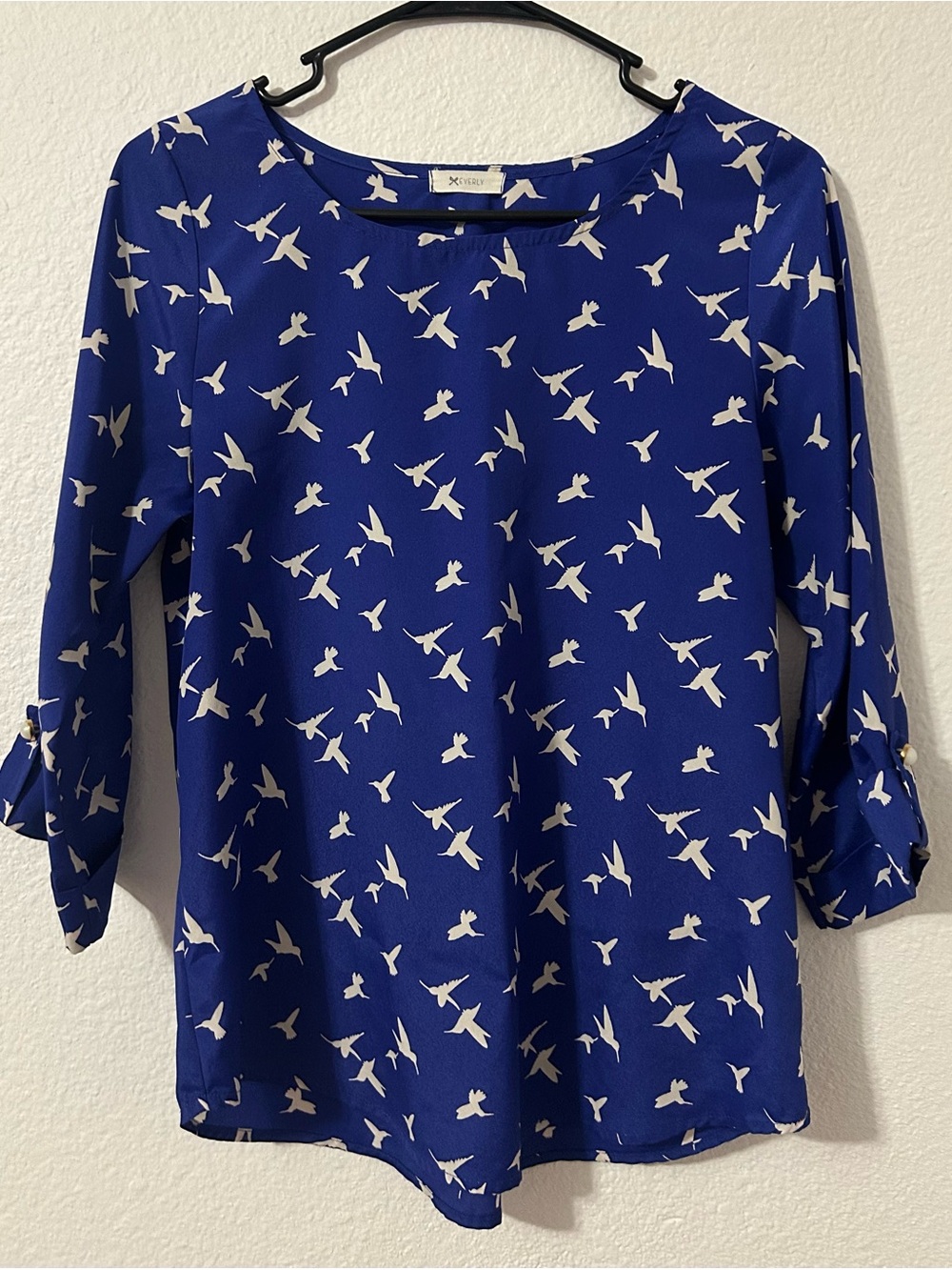 Everly Royal Blue and White Bird Print Blouse - Women Tops